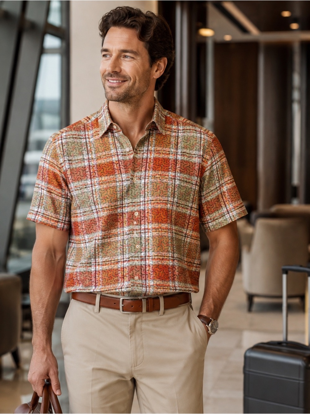 Riscatto Men’s Large Shirt Made Romania Geometric Plaid Short Sleeve Button Up
